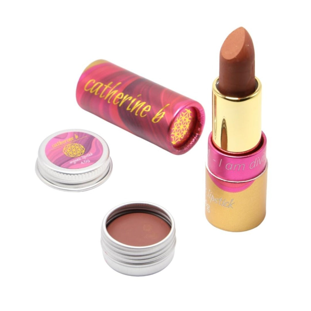 Cocoa Glow - Rich Chocolate Brown Gold Organic Lipstick available in 4.5g tin or 4g tube