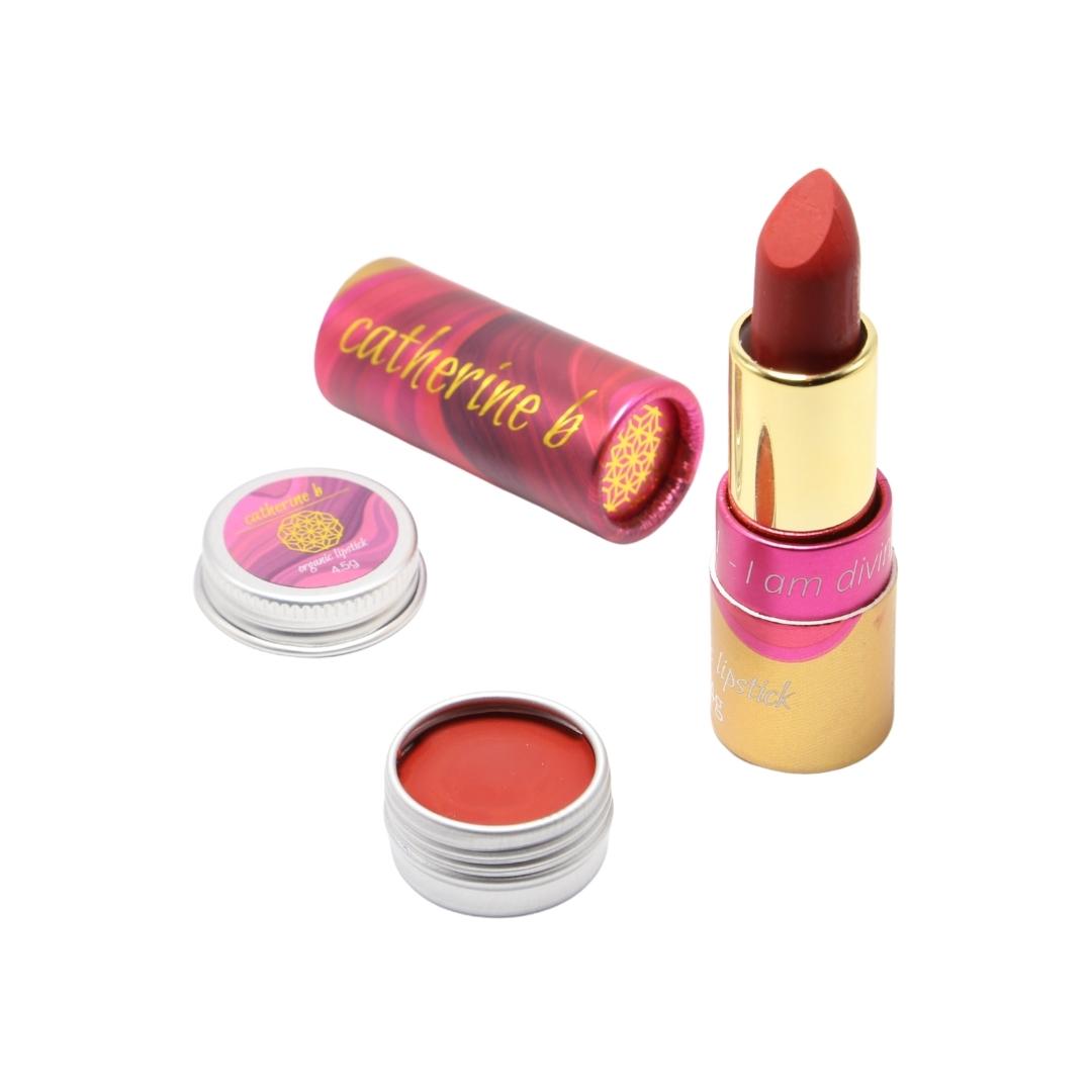 Brick Red - Rich Orange Red Organic Lipstick available in 4.5g tin or 4g tube 
