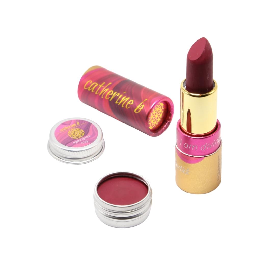 Emanare - Bold Dark Berry Plumb Red Organic Lipstick available in 4.5g tin and 4.5g tube