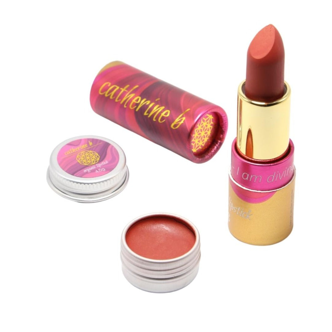 Flourish - Shimmery Orange Brown Deep Coral Long Lasting Organic Lipstick 4.5g tin and 4g tube