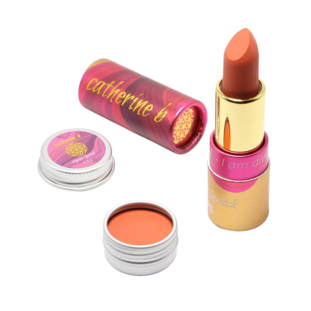 Pastel Sky - Soft Pastel Sherbet Orange Organic Long Lasting Lipsticktube and lipstick tin on white background