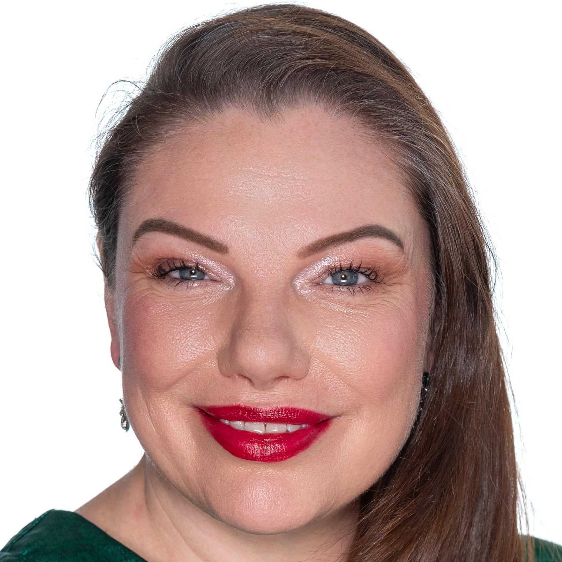 brunette wearing patience eyeshadow, strength eyeshadow, fire and ice shimmer gloss