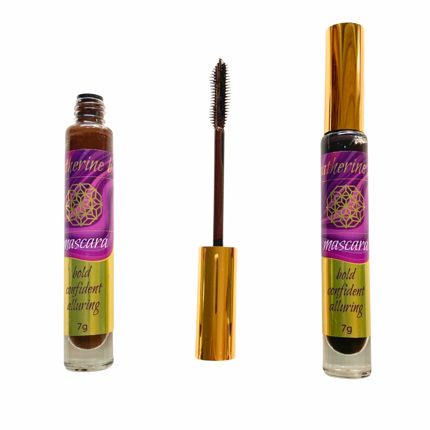 two mascara bottles on white background. One open with the brush showing. 