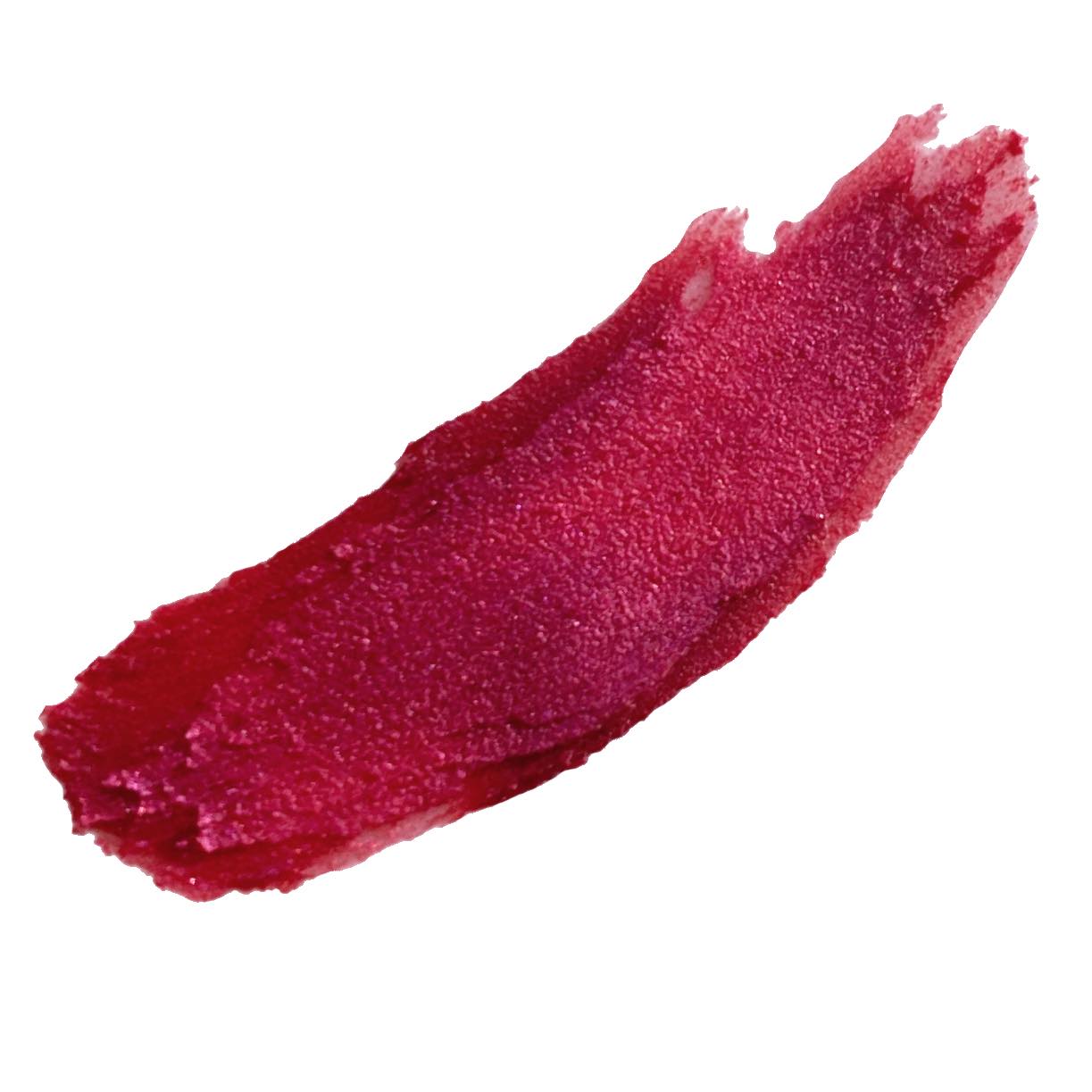 smear of deep pink bella tinted lip balm on white background 