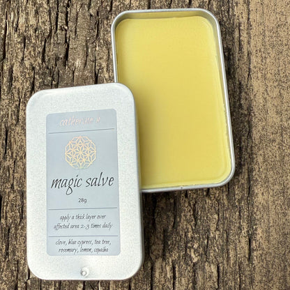 Large tin of 'magic salve’  28g on a wooden surface