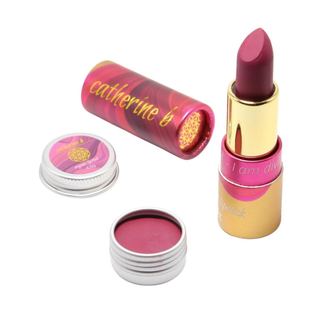 deep plumb grape red organic lipstick available in tube or tin