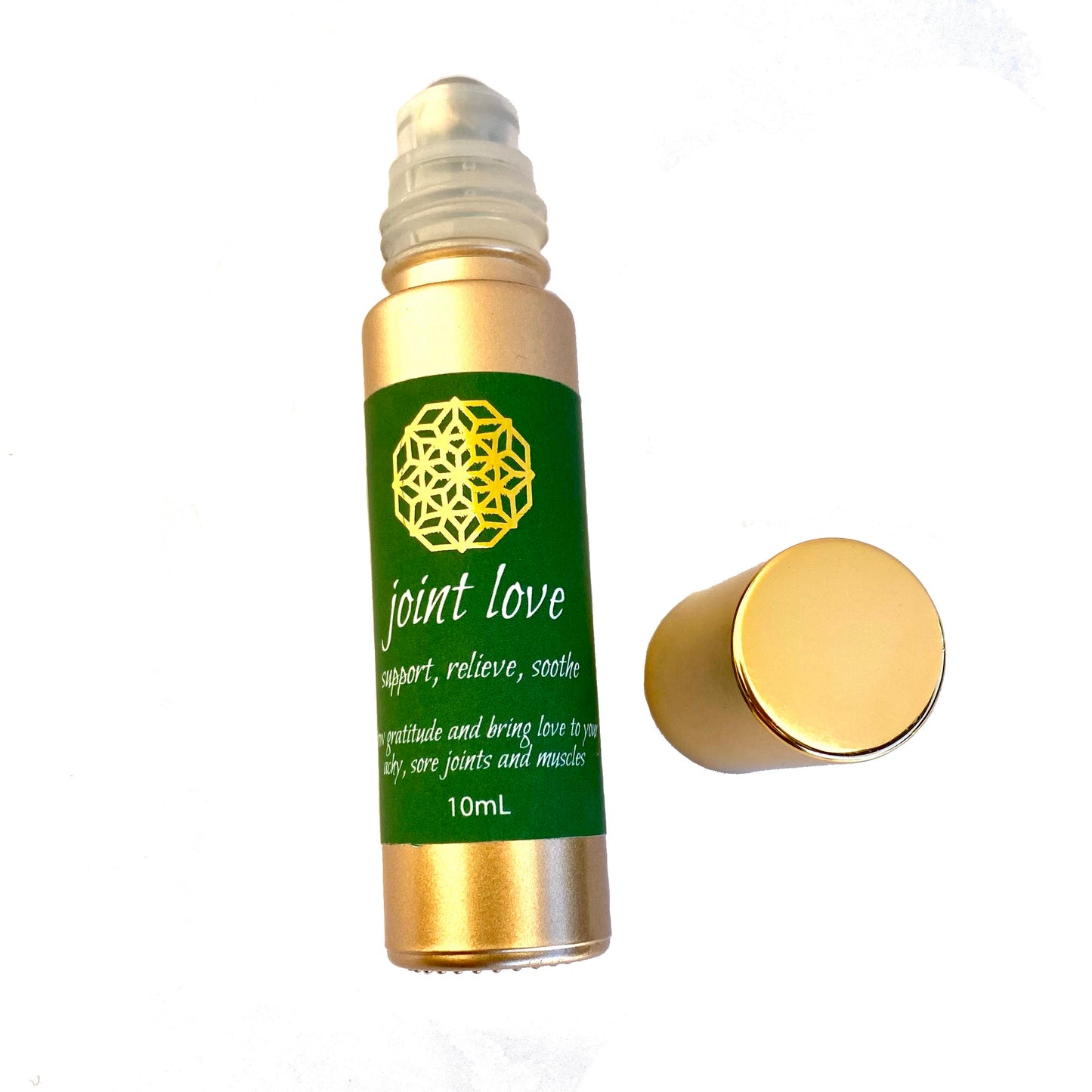 Gold roller bottle with green label Joint Love on white background 